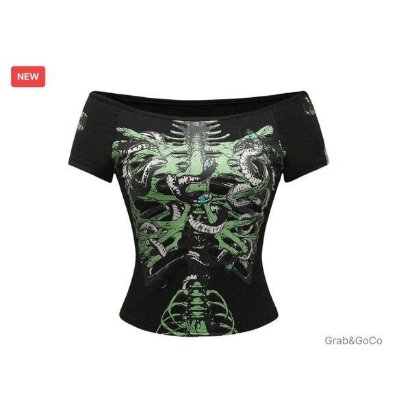 Tops - Off Shoulder Goth Crop Top Y2K Grunge Graphic Tee Slim Fit Emo Style